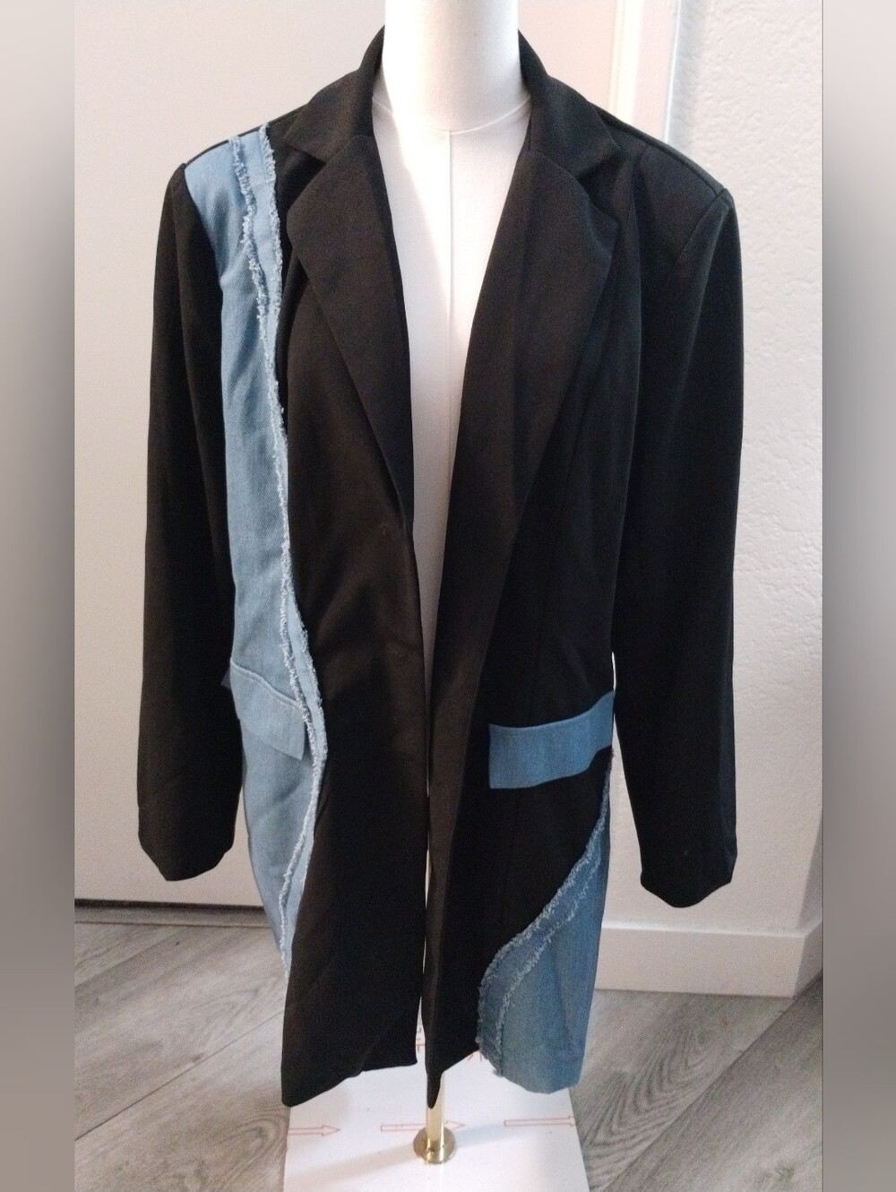 Micas Black Jacket with Denim Trim - Women's Long Coat